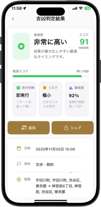 奇門遁甲アプリの最適時刻検索結果